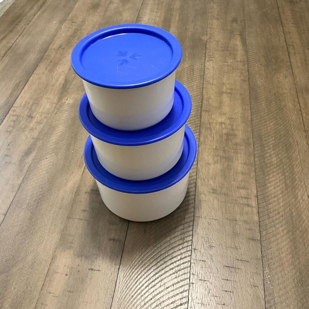 Tupperware Canister Topper Set Short Canister White Blue One Touch Set Of 3